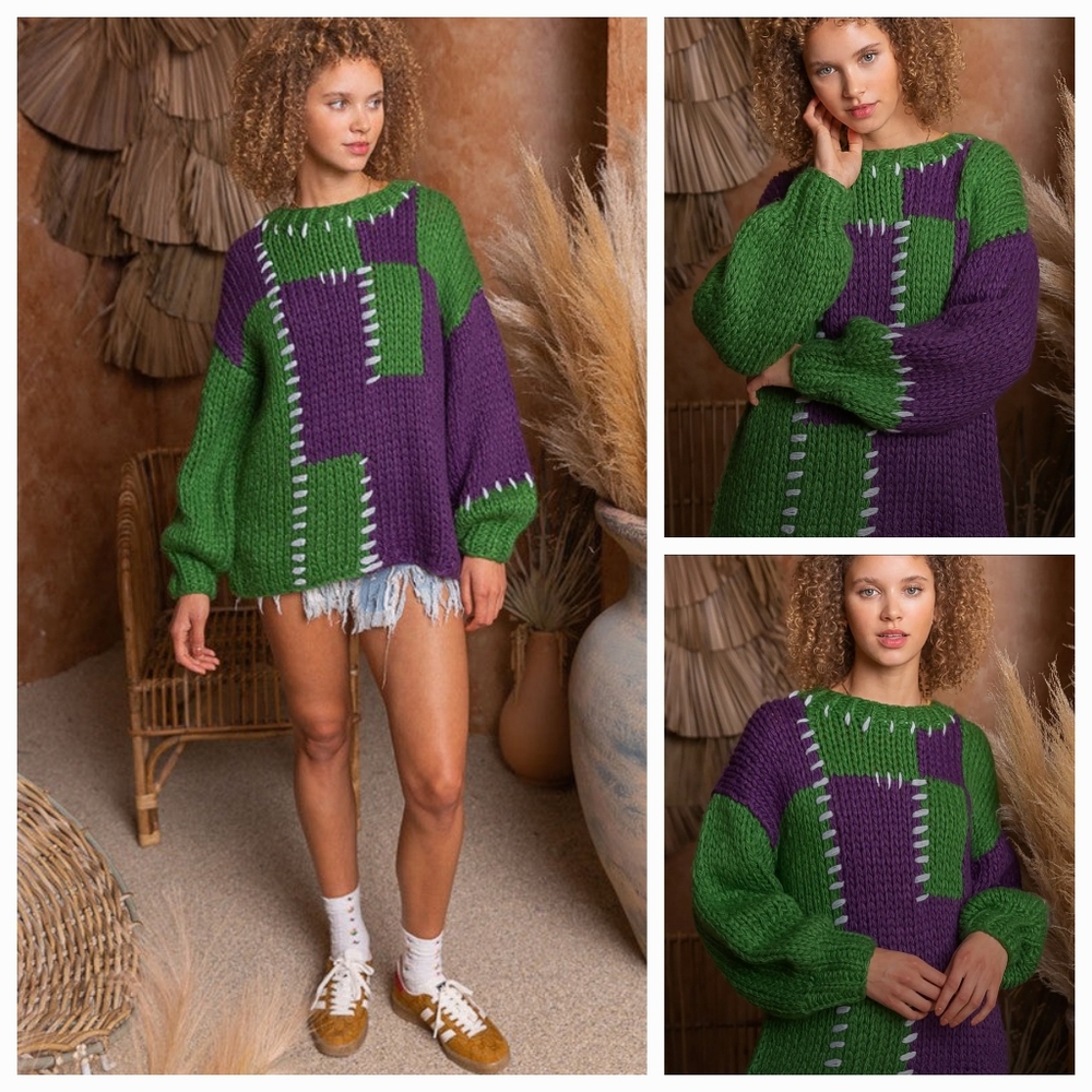 POL Clothing | Purple & Green Mardi Gras Oversized Patchwork Sweater | Small